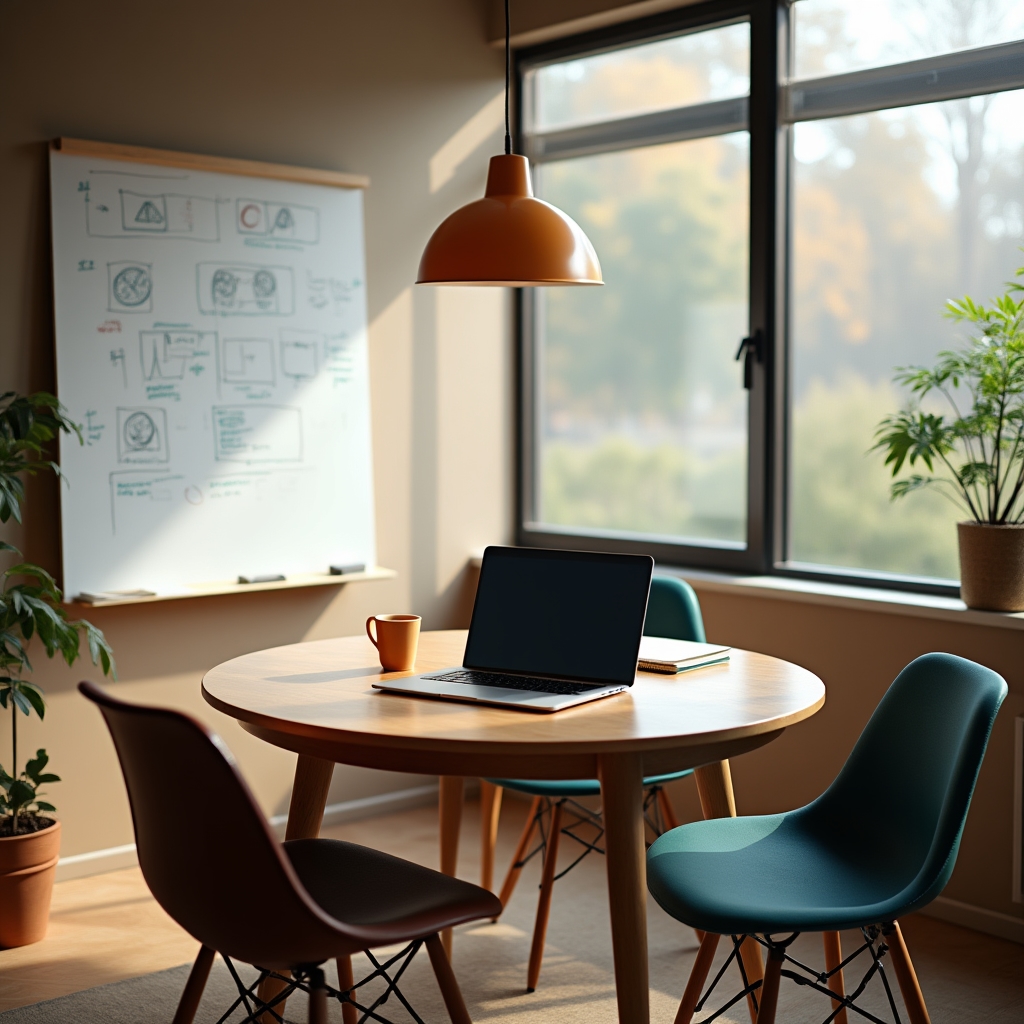 Besprechungsraum mit Whiteboard und Laptop zur Vorbereitung eines Webinars