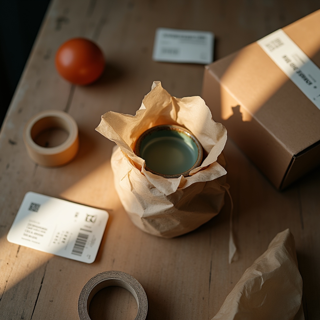 Verpacktes Handmade-Produkt mit Versandetikett und Packmaterial auf einem Arbeitstisch