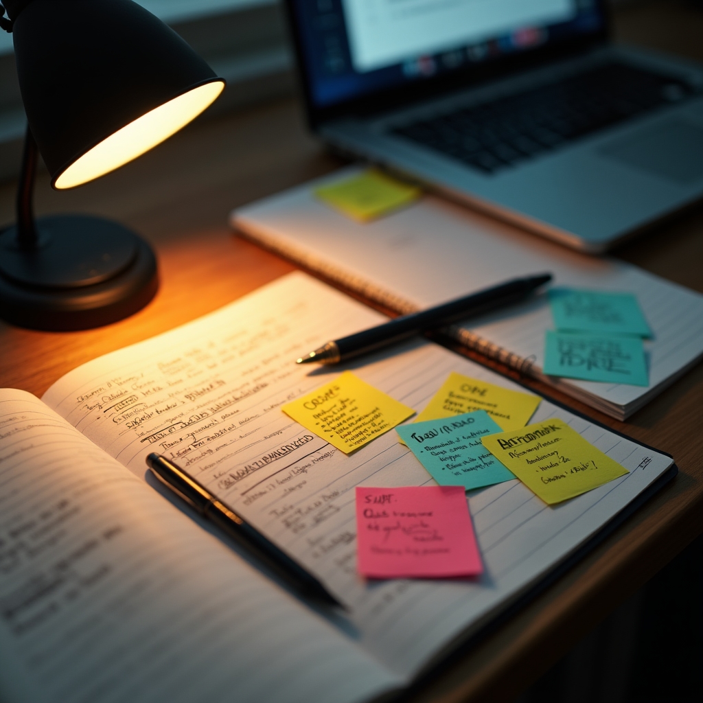 Handschriftliche Feedbacknotizen und Klebezettel auf einem Schreibtisch nach einem Webinar
