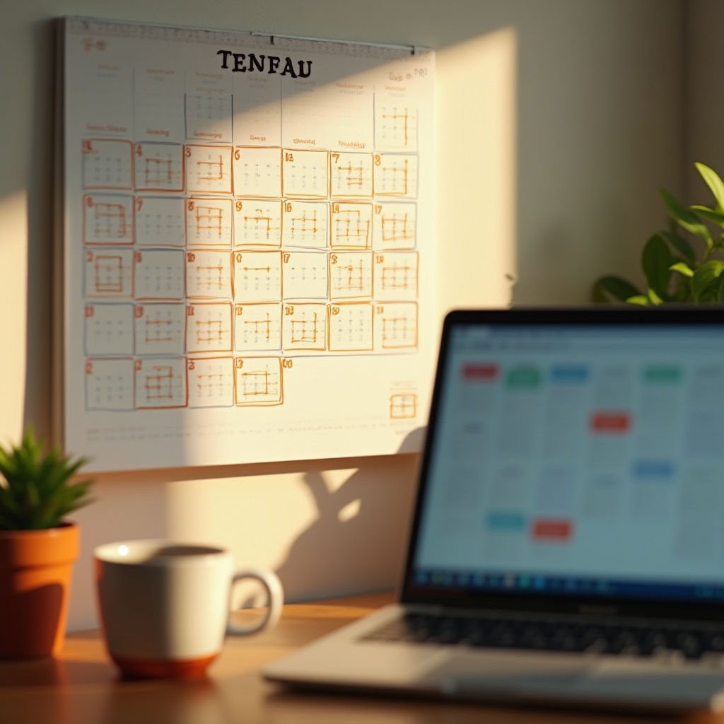 Wandkalender mit markierten Terminen neben einem Laptop zur Webinarplanung