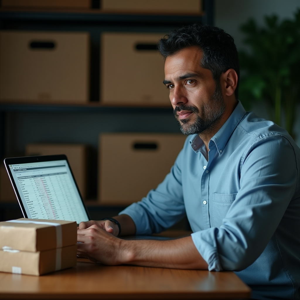 Laptop mit Tabellenkalkulation für Lagerbestand auf einem Holzschreibtisch