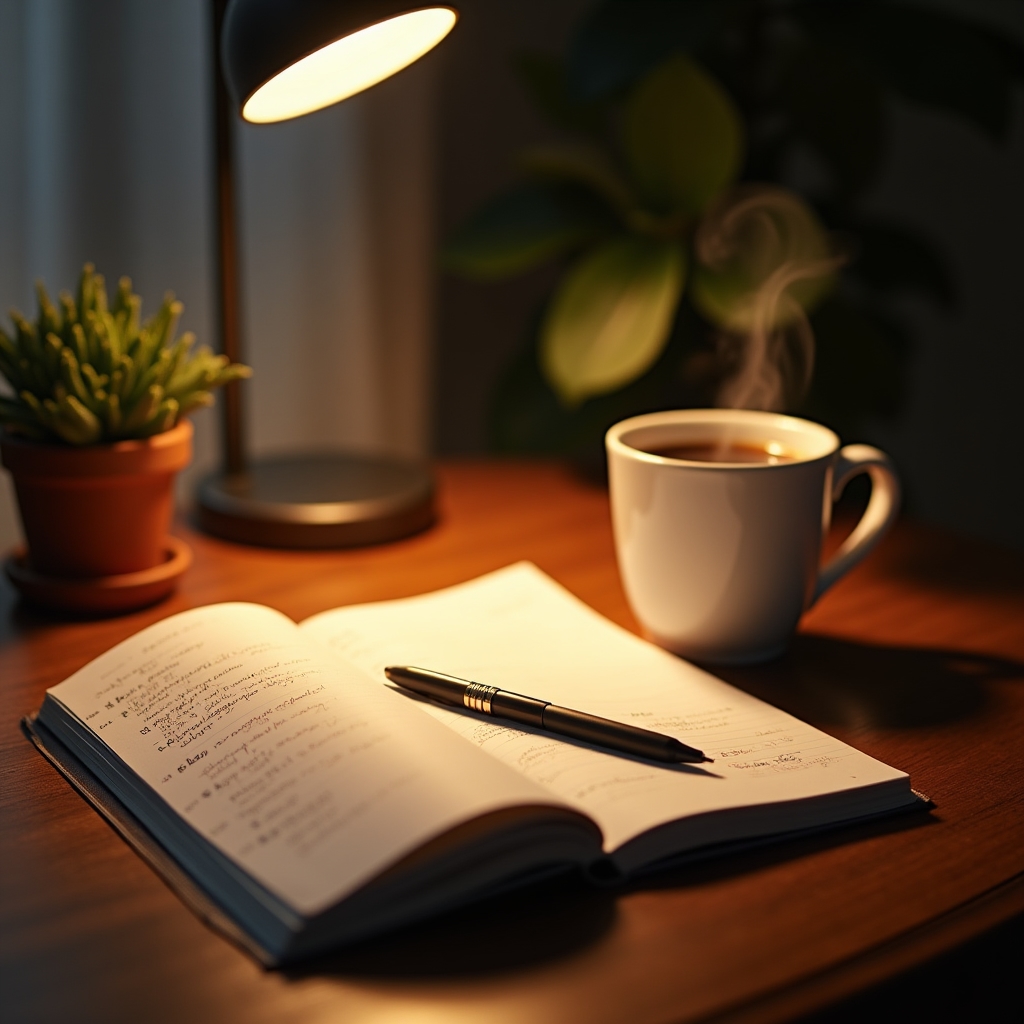 Nahaufnahme eines Schreibtisches mit Notizbuch, Stift und Kaffeetasse