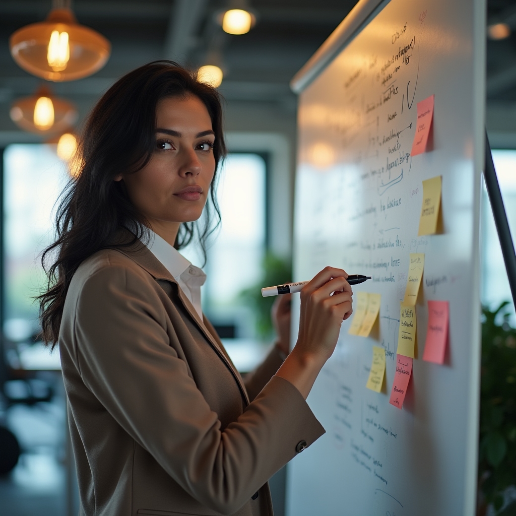 Person plant Webinar-Inhalte am Schreibtisch mit Notizen und Whiteboard im Hintergrund